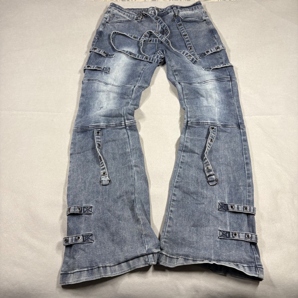 Hot Topic Women Blue Acid Wash Grommet Strap Flare Jeans Y2K Mall Goth Size 13